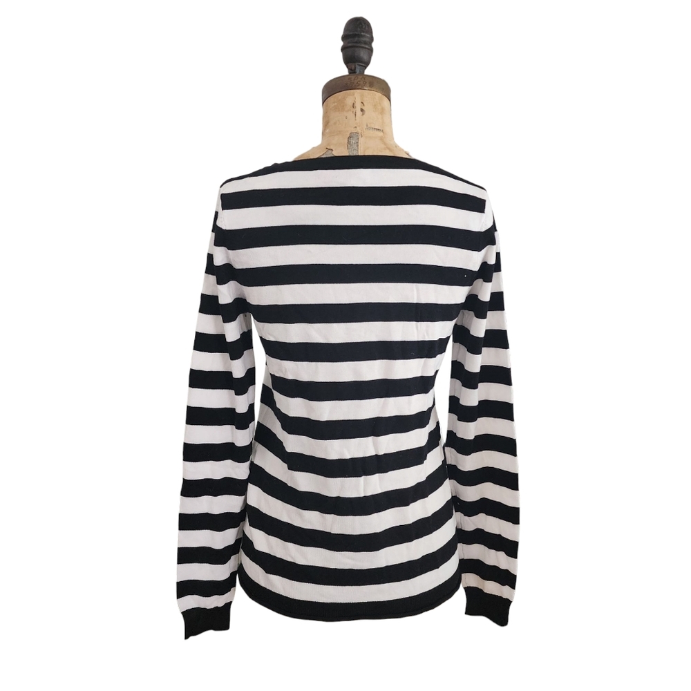 Red Saks Fifth Avenue Heart Black White Striped Sweater M - Picture 3 of 4